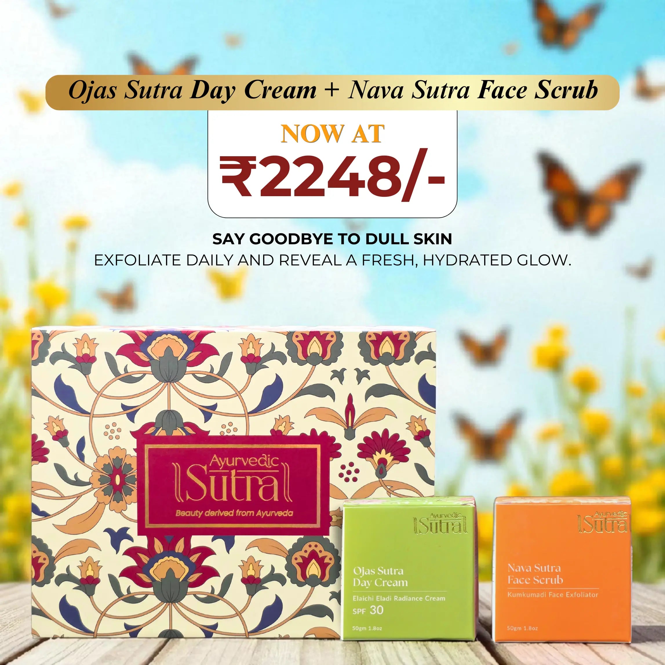 Ayurvedic Sutra Ojas Day Cream and Nava Face Scrub combo with floral gift packaging