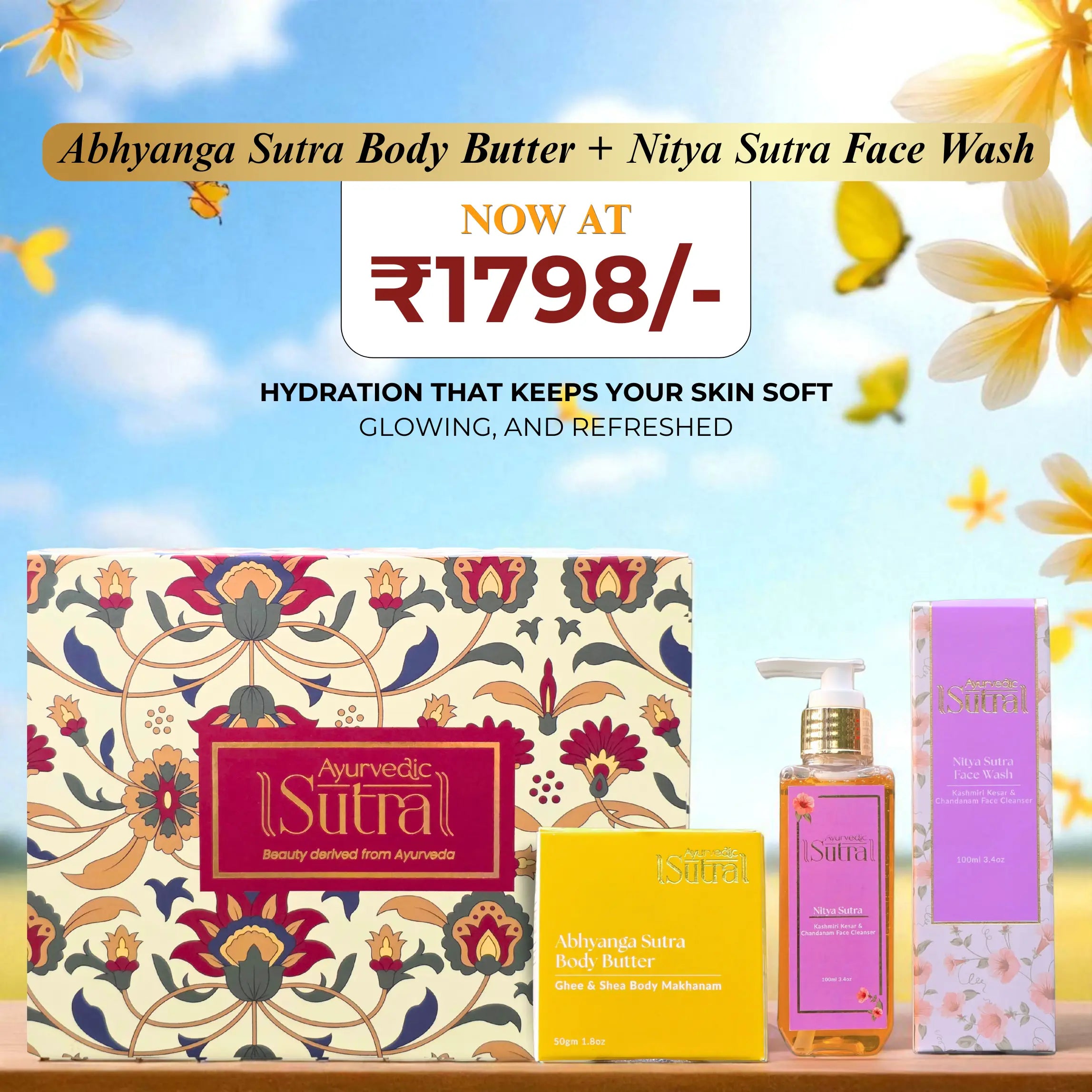 Ayurvedic skincare combo – Abhyanga Sutra Body Butter and Nitya Sutra Face Wash with premium packaging