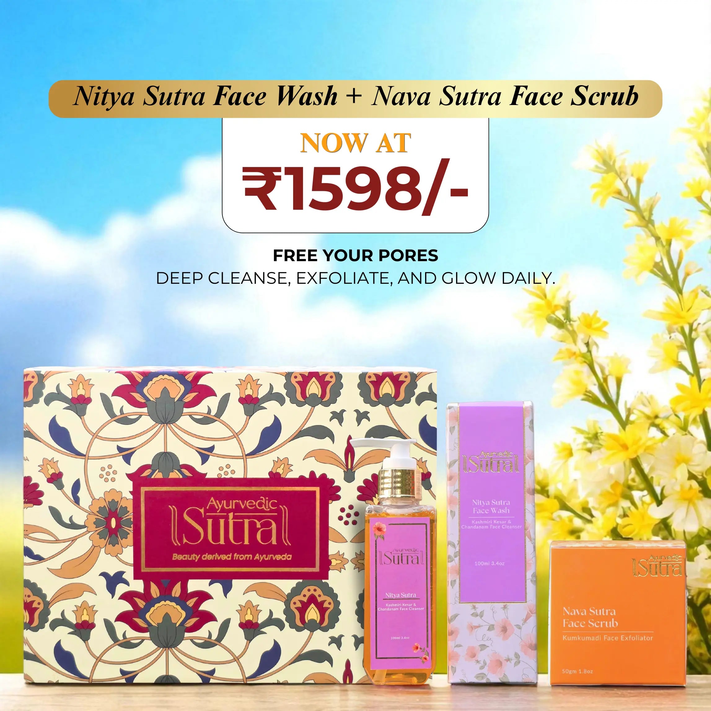 "Ayurvedic Sutra premium skincare combo with Nitya Face Wash & Nava Face Scrub for clear glowing skin"