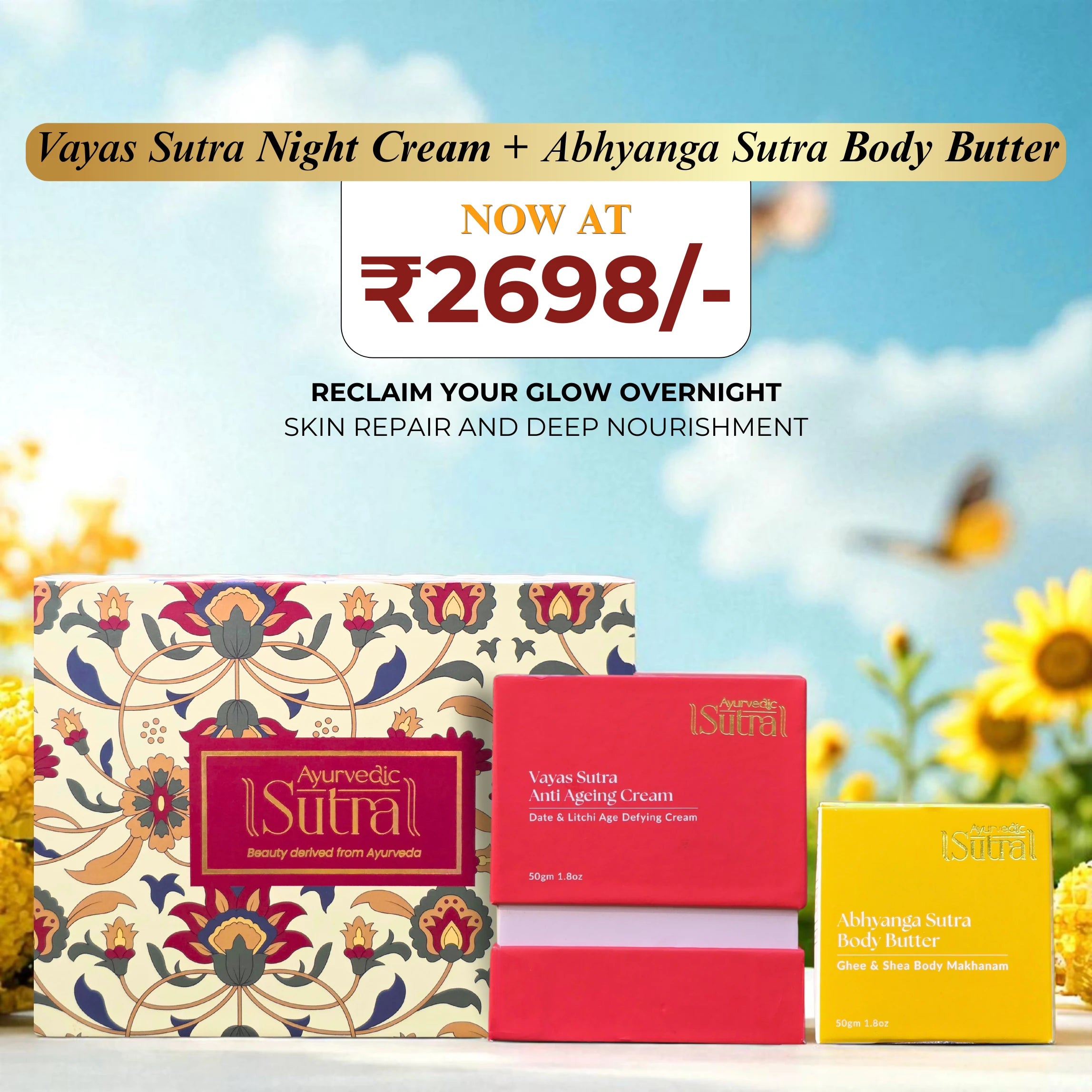 Luxury Ayurvedic skincare gift pack with night cream and body butter for glowing skin