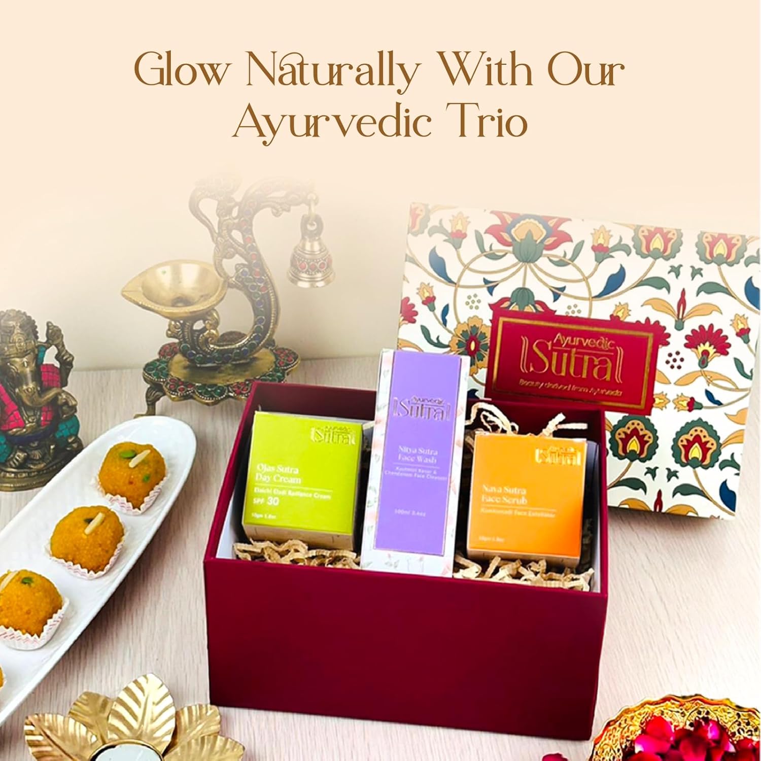 Ayurvedic Sutra Skincare Gift Set - Nitya Sutra Face Wash, Ojas Sutra Day Cream & Nava Sutra Face Scrub
