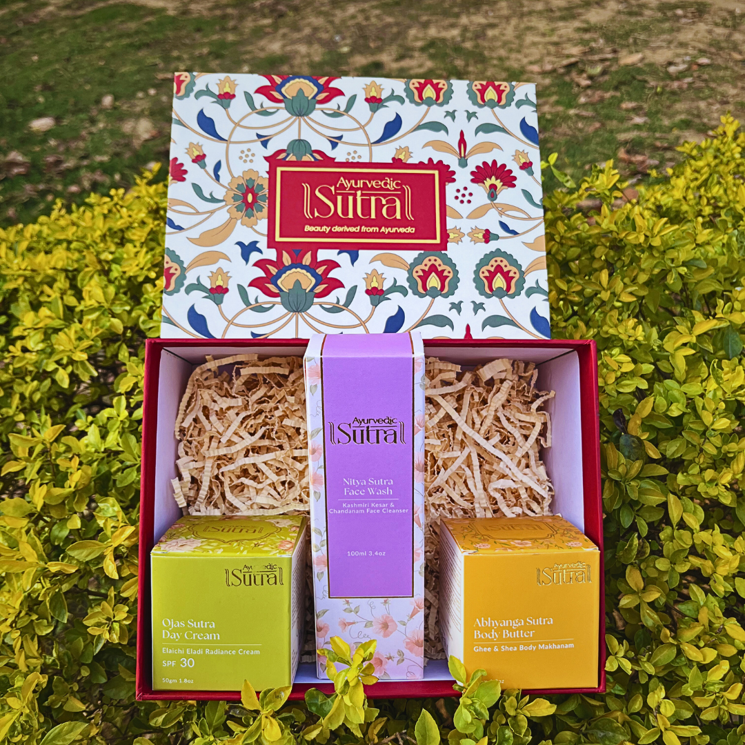 Complete skincare set with day cream, face wash and body butter