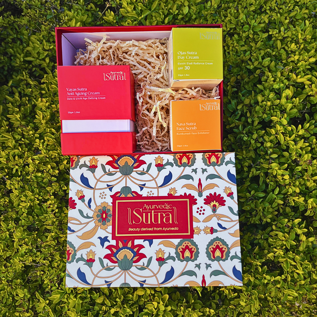 Ayurvedic skincare gift set with Anti Ageing Cream, Day Cream and Face Scrub